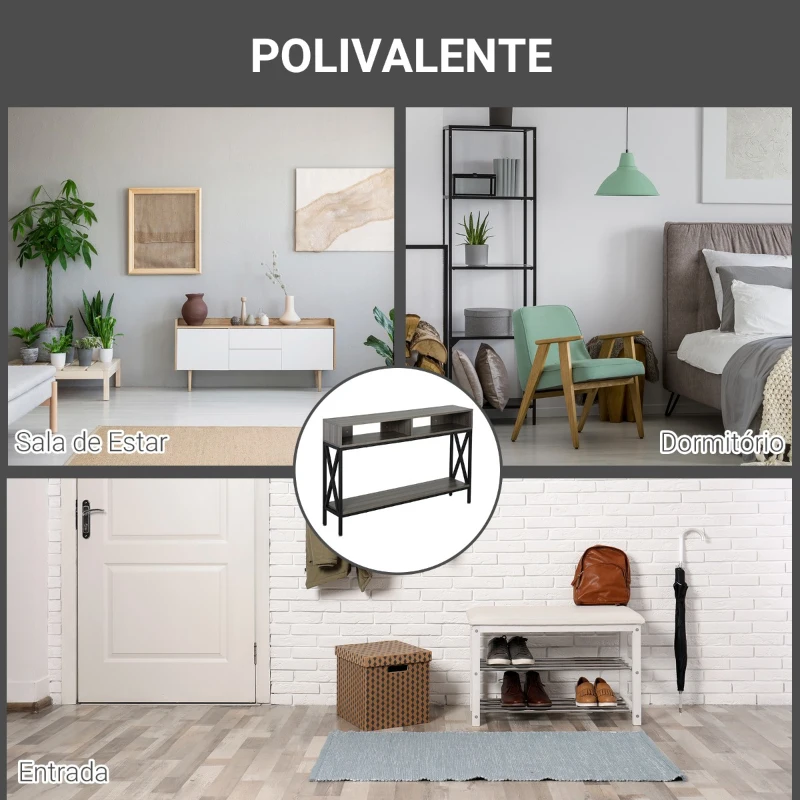 HOMCOM Mesa Consola Móvel de Entrada corredor Estilo Industrial Vintage com 3 Prateleiras e Estrutura Metálica 120x23,5x75cm Cinza e preto