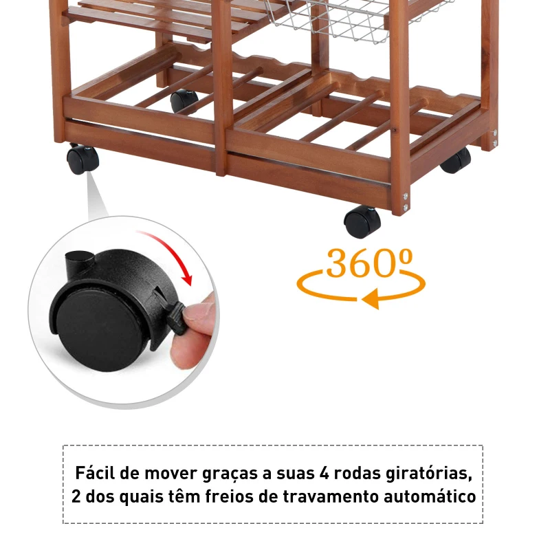 HOMCOM Carrinho de Cozinha Multifuncional Carrinho Auxiliar de Madeira com Grande Espaço de Armazenamento Gavetas Cestas Prateleiras 4 Rodas 74x37x76 cm Madeira