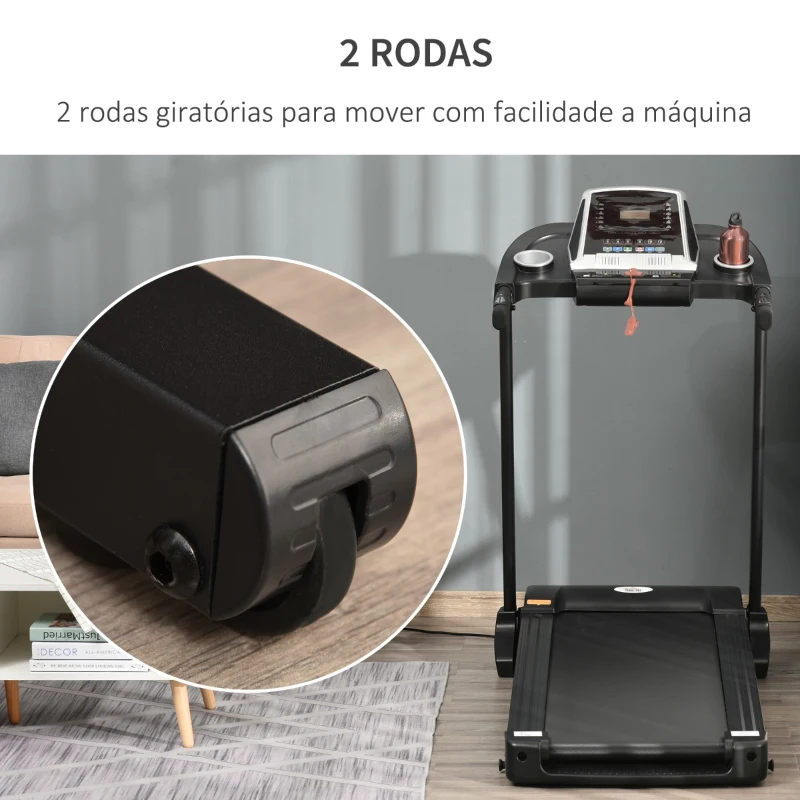 HOMCOM Passadeira Elétrica Dobrável Motor 500W Passadeira Portátil com 12 Programas Tela LED Suporte para Garrafa e Rodas 142x66x127cm Preto