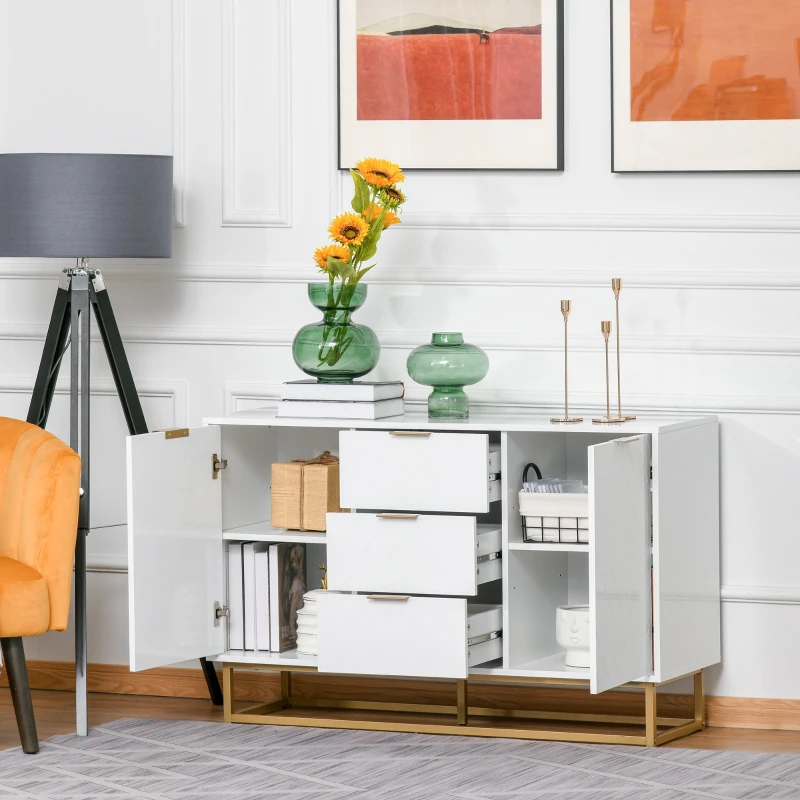 HOMCOM Aparador Auxiliar Armário de Armazenamento com 3 Gavetas e 2 Armários com Prateleira Ajustável 120x40x76 cm Branco
