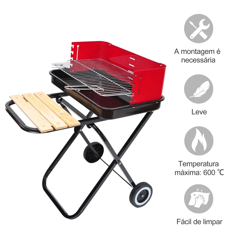 Outsunny Churrasqueira a carvão portátil e dobrável com 2 rodas Altura Ajustável para Camping 57x64x83 cm Vermelho e Preto