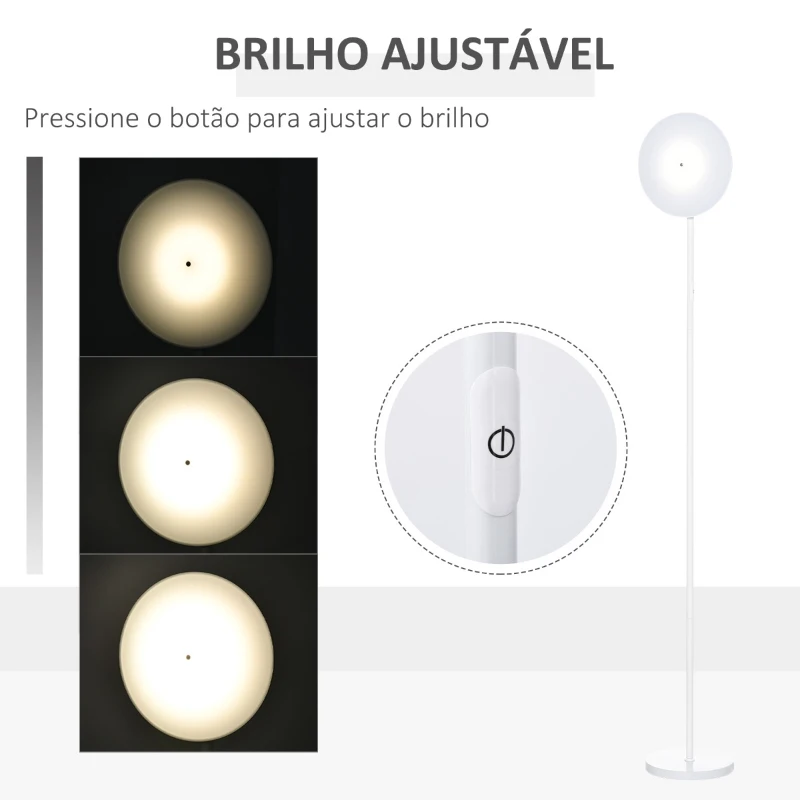 HOMCOM Candeeiro de Pé LED 18W/1800 lm com 3 Brilhos Ajustáveis Ecrã Giratório e Base de Metal Candeeiro de Leitura Moderno para Sala de Estar Dormitório Ø28x171,5cm Branco