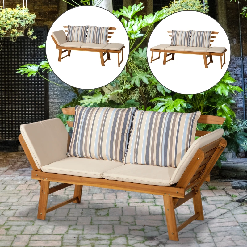 Outsunny Espreguiçadeira de jardim com Almofada Banco para jardim conversível em sofá de madeira Acacia Diván para pátio ao ar livre terraço 153x62x85.5cm