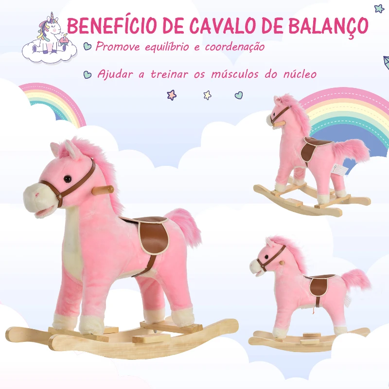 HOMCOM Cavalo Baloiço para Crianças Cavalo Baloiço de Pelúcia Suave com Música Relinchos Sons de Galope Boca e Cauda Móveis 65x32,5x61 cm Rosa