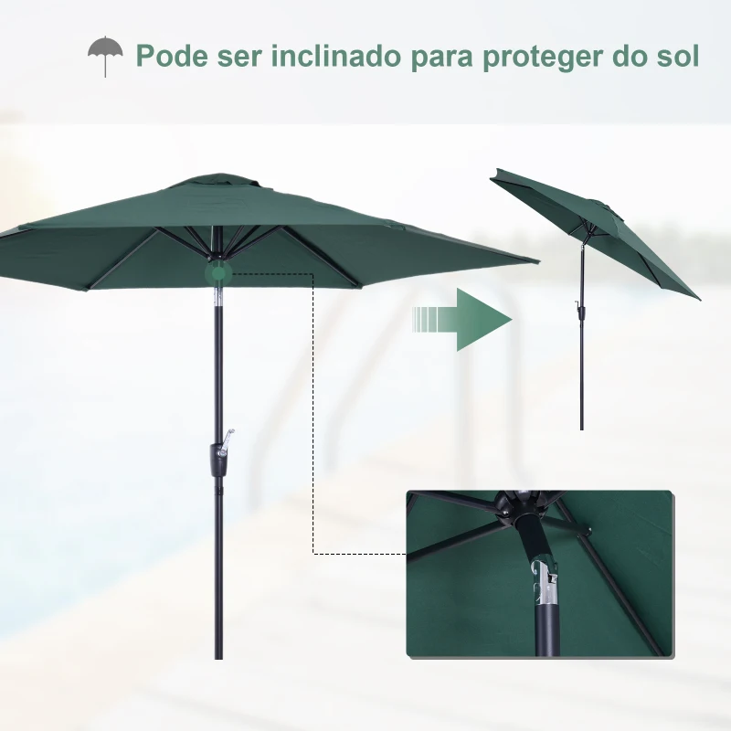Outsunny Chapéu de Sol de Jardim Ø270x235cm Chapéu de Sol de Alumínio Reclinável com Manivela e 6 Hastes para Terraço Exterior Balcão Verde