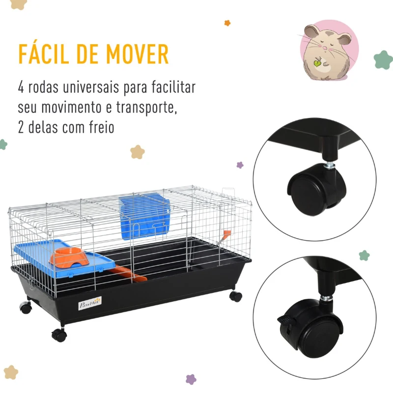 PawHut Gaiola para Roedores Pequenos com Rodas Habitat para Furões Porquinho da India com Comedouro Bebedouro Rampa 89x44x43cm Preto