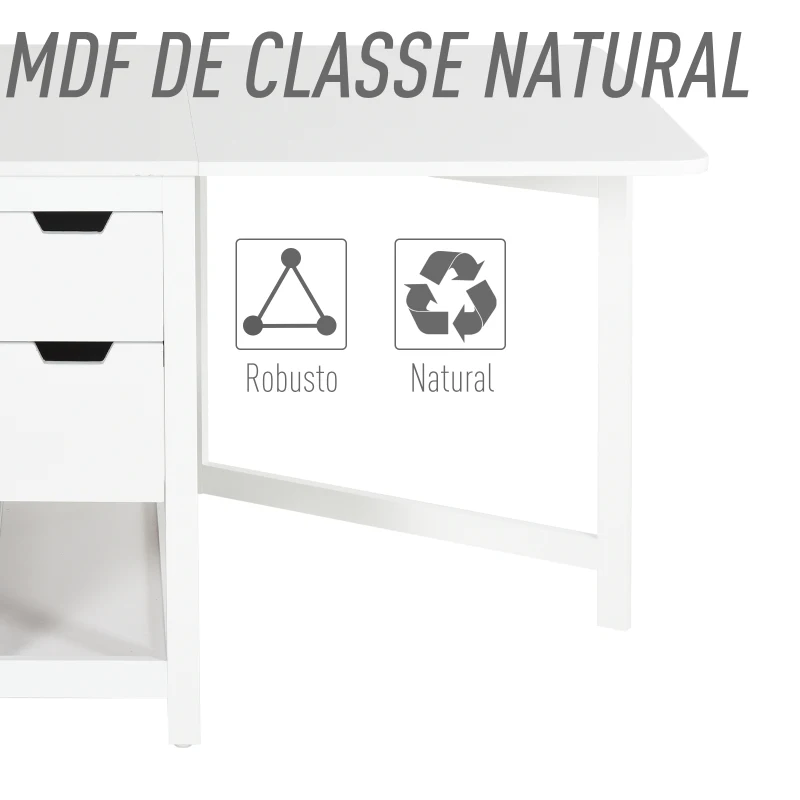 HOMCOM Mesa de jantar extensível com 2 gavetas 1 prateleira Carga 50 kg 150x80x74 cm Branco