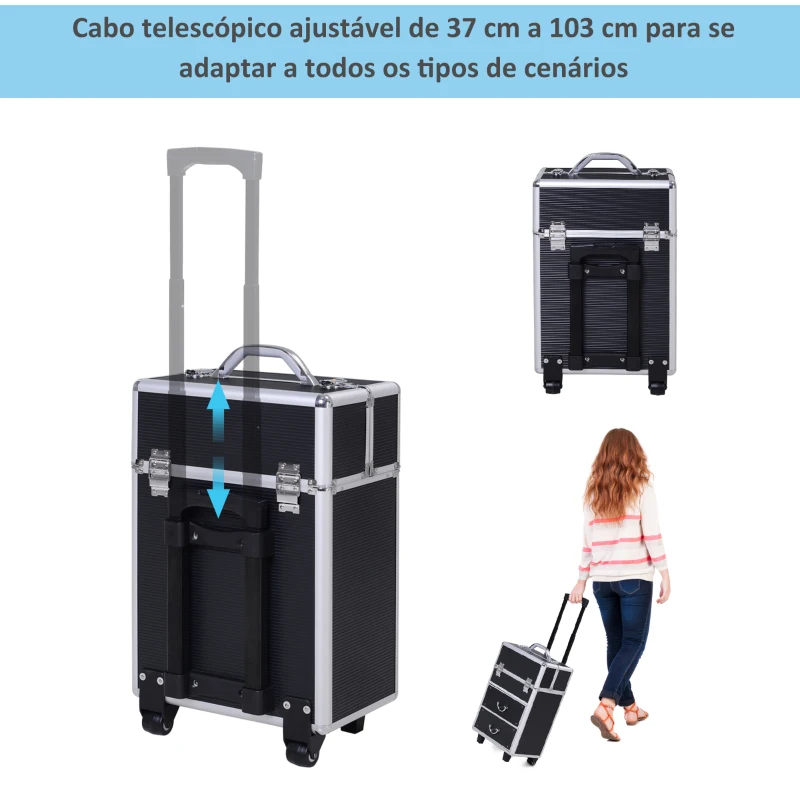 HOMCOM Estojo profissional portátil de maquiagem com 6 gavetas extensíveis, fechadura, rodas e alça retrátil 36x23x58 cm preto