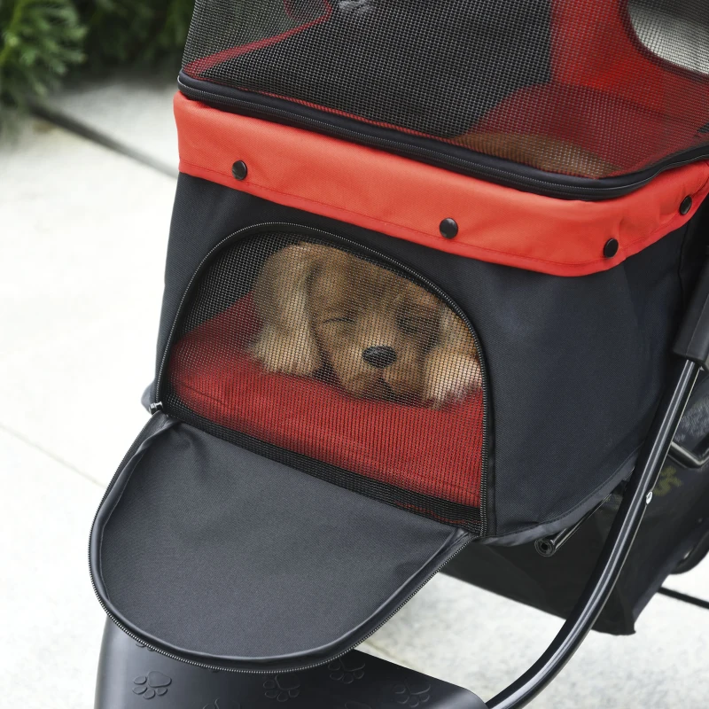 PawHut Carrinho dobrável para animais de estimação com 3 rodas Correias de segurança e cesto de armazenamento 109,5x54,5x106,5 cm Vermelho e preto