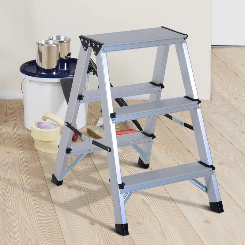 HOMCOM Escada de Tesoura Alumínio Dobrável Escada Doméstica de Mão Ambos Lados 3 Degraus Carga 150kg