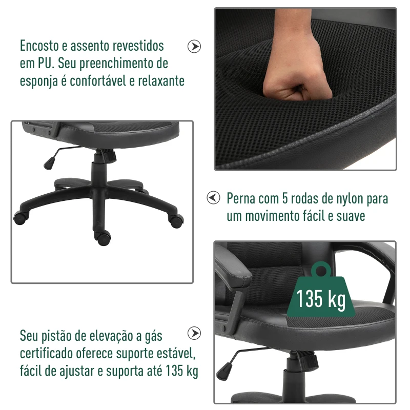 Vinsetto Cadeira de Escritório Giratória com Altura Ajustável Função Basculante Apoio para os Braços e Encosto Alto 64x65x113-123 cm Preto