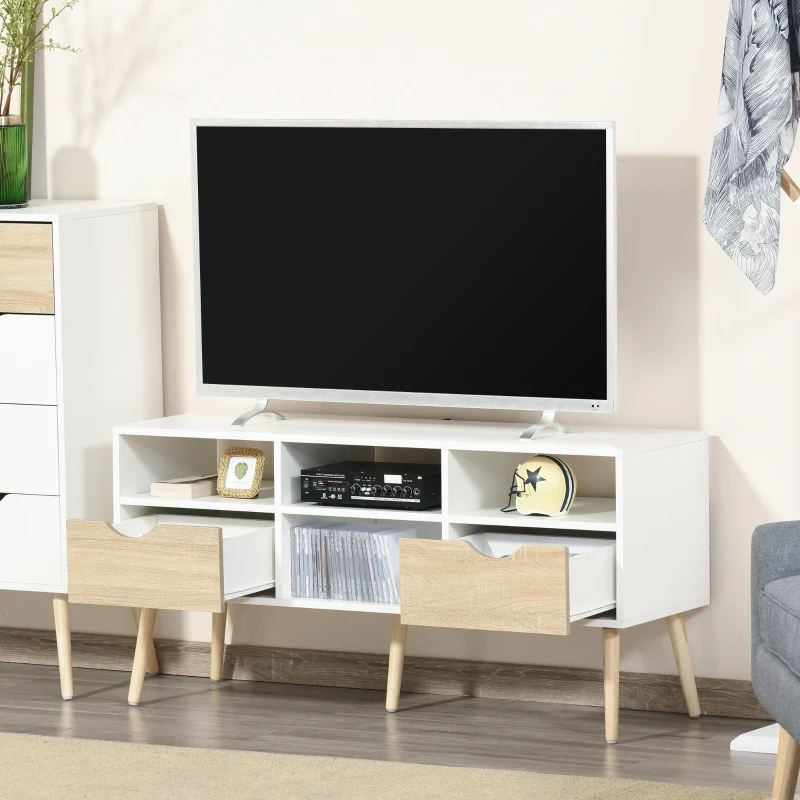 HOMCOM Móvel de TV com 2 Gavetas e 4 Compartimentos Pés de Madeira Dispositivo Anti Rolamento para Sala de Estar 117x39x57cm Branco e Madeira Natural