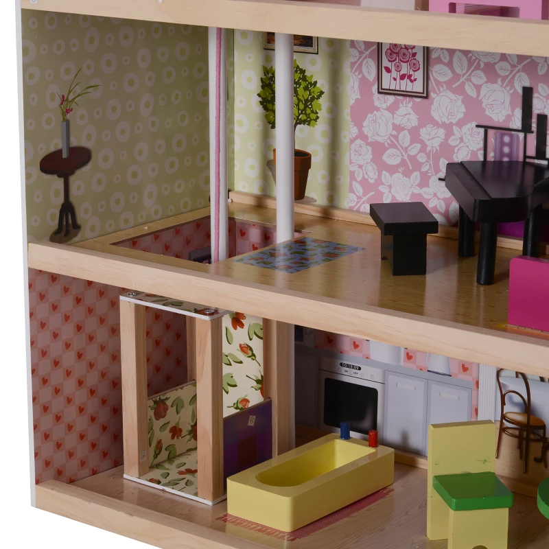 HOMCOM Casa de Bonecas com 13 peças Móveis Mobiliário Casita de Bonecas de Brincar Madeira 3 Pisos 60x30x71.5cm