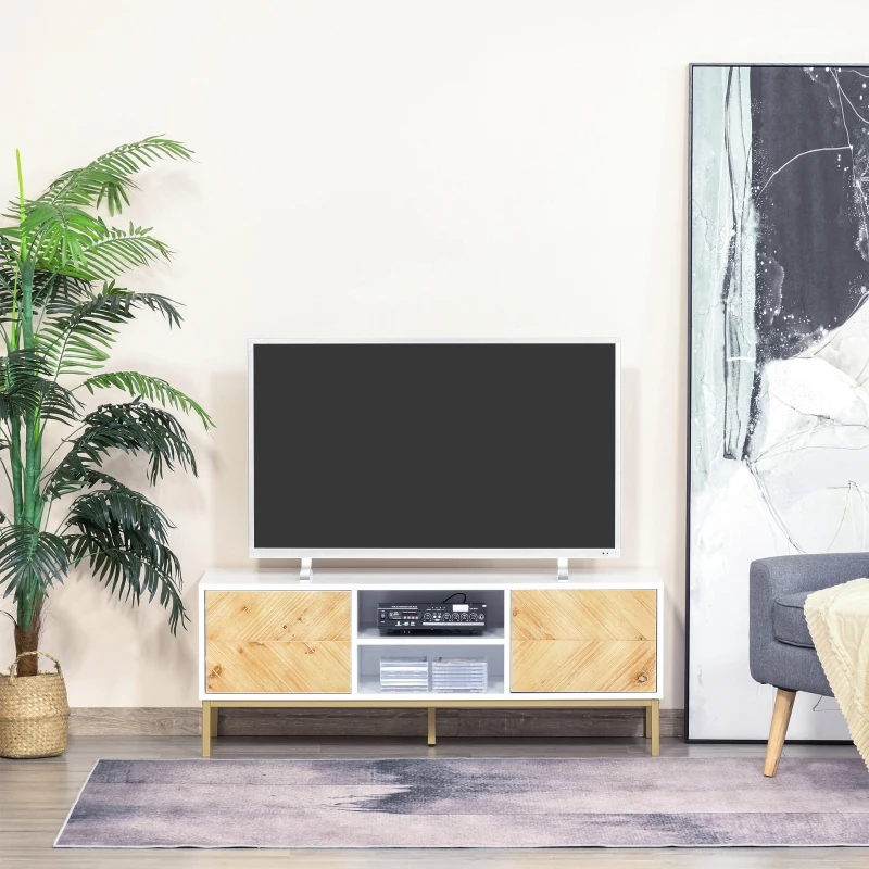 HOMCOM Móvel de TV Mesa da sala de estar para televisão de até 60 polegadas com prateleiras e armários com portas fechamento de pop-up 120x40x44,6 cm Branco e Madeira Natural