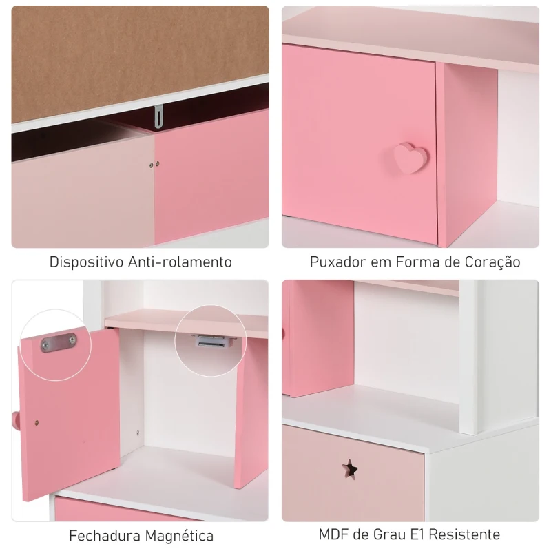 HOMCOM Estante de Madeira Infantil Estante de Livros para Crianças com 4 Compartimentos 1 Porta e 2 Gavetas Removíveis com Rodas para Livros Brinquedos 80x34x130cm Rosa e Branco