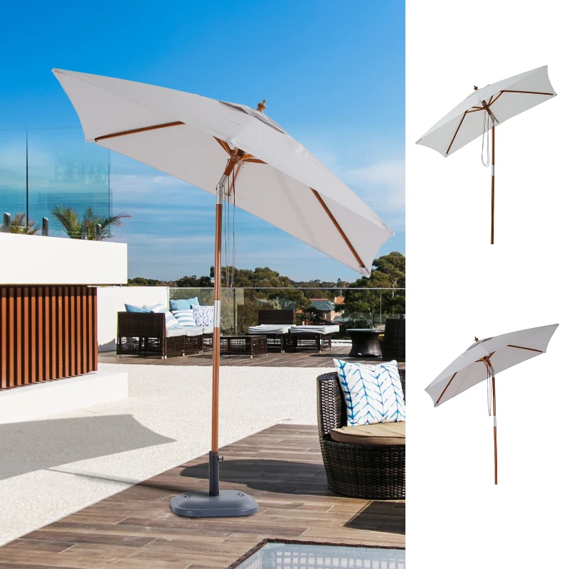 Outsunny Chapéu de Sol de Jardim 200x150x230cm Chapéu de Sol Retangular Inclinável com Polia Duplo Teto e Mastro Desmontável de Madeira para Terraço Pátio Creme