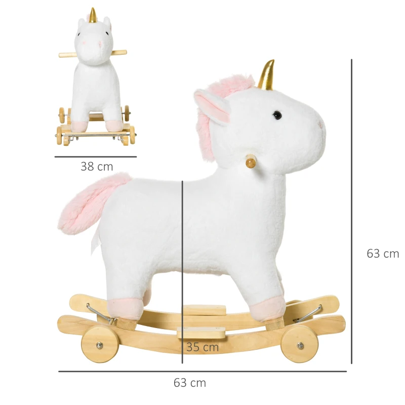 HOMCOM Baloiço Infantil em Forma de Unicornio para Crianças acima de 3 Anos Baloiço 2 em 1 com Rodas e Sons 45kg 63x38x63cm Branco