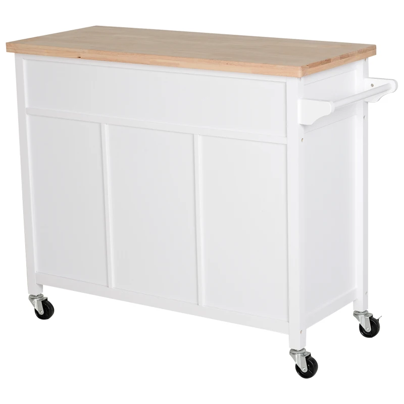 HOMCOM Ilha de Cozinha com Rodas com Gavetas Suporte para Garrafas Armários e Prateleira 113x45x89 cm Branco e Madeira