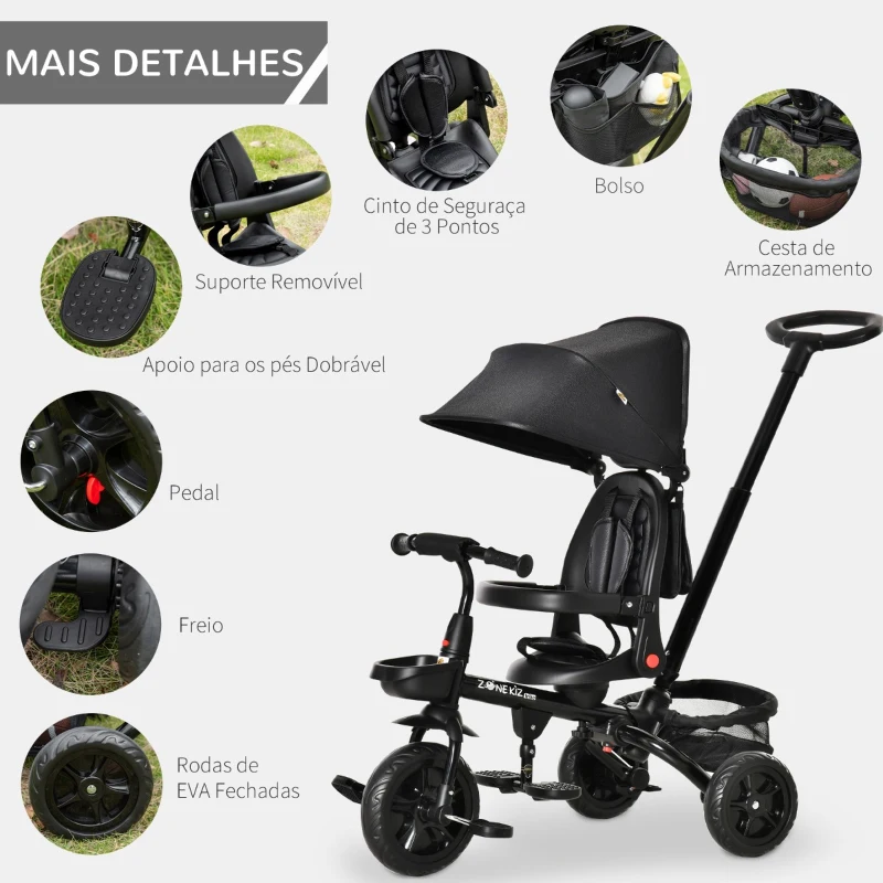 HOMCOM Triciclo Infantil 4 em 1 Bicicleta para Crianças 1-5 Anos com Assento Giratório Capô Ajustável Guidão de Empurre e Apoio para os Pés Dobrável 111,5x52x98cm Preto