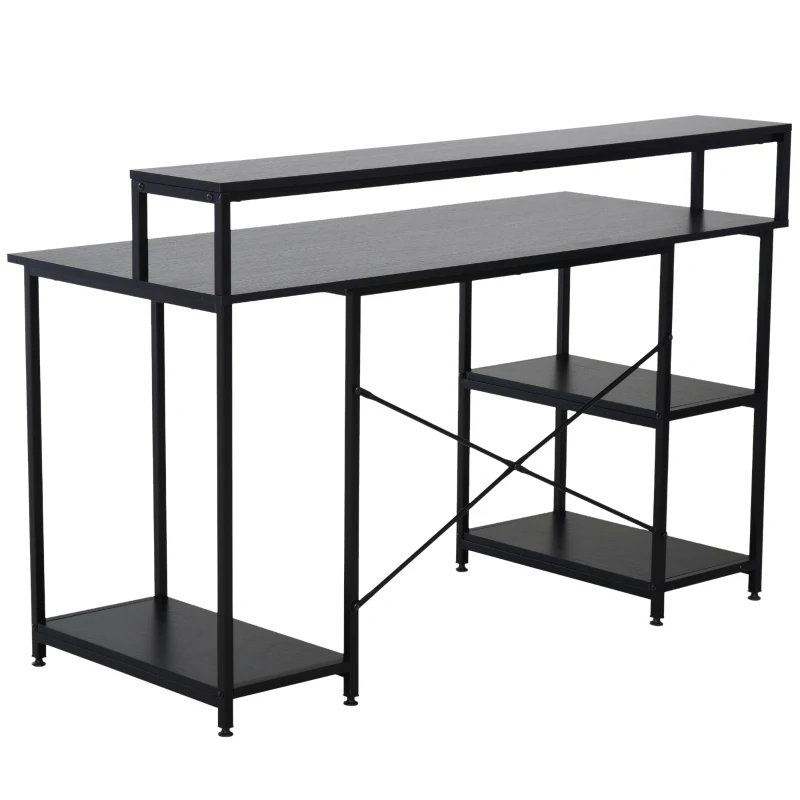 HOMCOM Mesa para Computador com Prateleiras Pés Ajustáveis ​​Moldura de Metal 140x60x93 cm