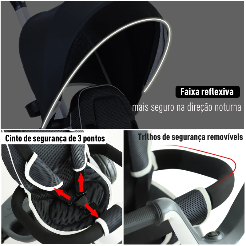 HomCom® Triciclo para bebê 4 em 1 Trolley Trike Bicicletas para crianças + 18 meses evolutivo Capuz de barra destacável cinza