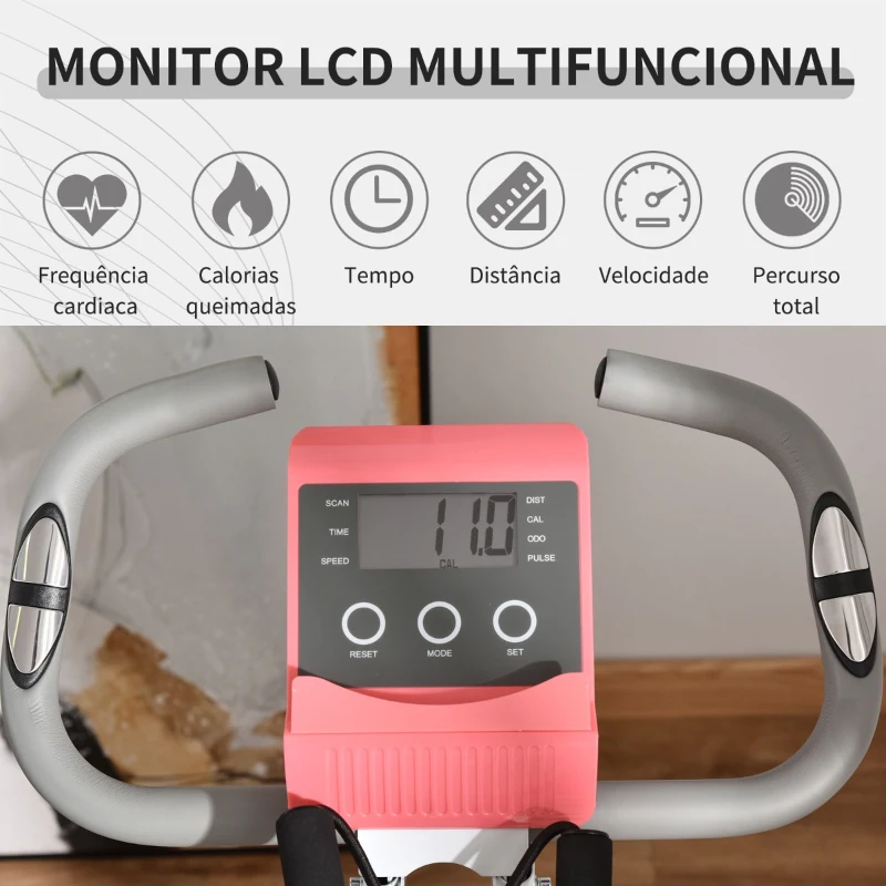 HOMCOM Bicicleta Estática Dobrável com Altura e Resistência Ajustáveis com Tela LCD e Assento com Encosto 51x97x115 cm Rosa