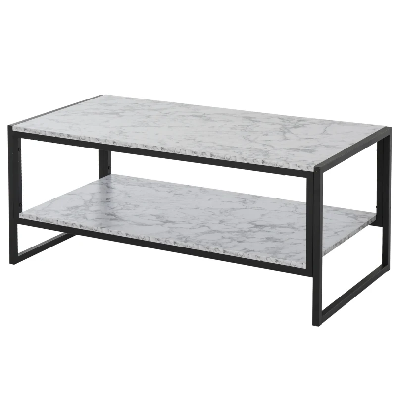 HOMCOM Mesa de Centro com Prateleira Mesa de Café Minimalista Imitação de Mármore Estrutura de Metal 106x50x47cm Branco e Preto