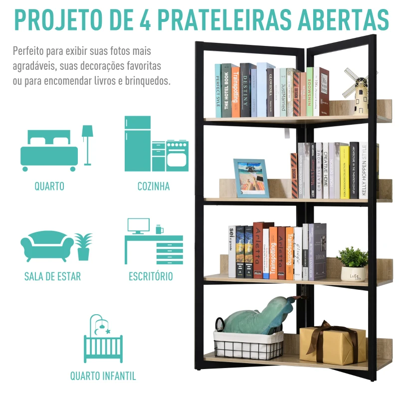 HOMCOM Estante de 4 Níveis Estante com Espaço de Armazenamento e Sistema Anti-Tombo 90x39x160cm Preto e Carvalho