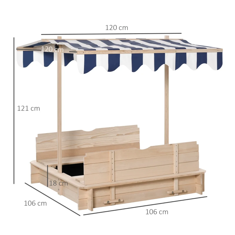 Outsunny Caixa de Areia de Madeira para Crianças acima de 3 Anos com Banco e Toldo Ajustável Carga 50kg  106x106x121cm Madeira