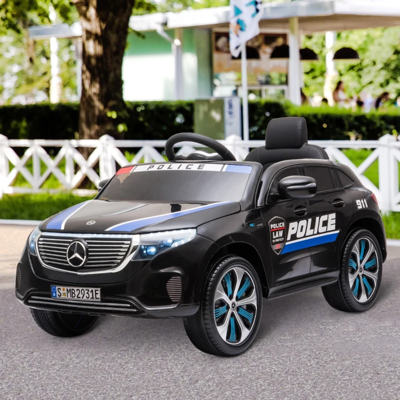 HOMCOM Carro de Polícia Elétrico para Crianças acima de 3 anos Mercedes EQC Bateria 12V com Controle Remoto Dupla Abertura 106x68x53 cm Preto