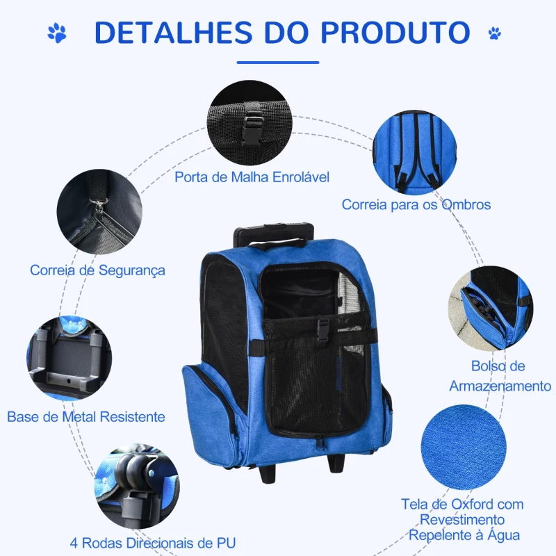 PawHut Transportadora para Animais de Estimação 2 em 1 Mochila de Viagem com 2 Rodas para Cães Gatos com Alça Retrátil de Alumínio e Bolso de Armazenamento 42x25x55cm Azul