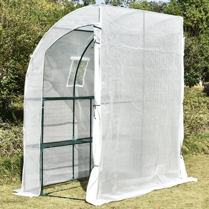 Outsunny Estufa com prateleiras portas e janela colocar na parede 200x100x215 cm Branco