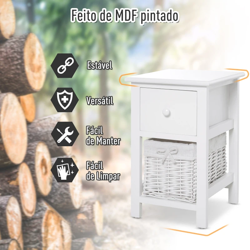 HOMCOM 2 mesas de cabeceira com 1 gaveta e 1 cesto 28x31x45cm Branco