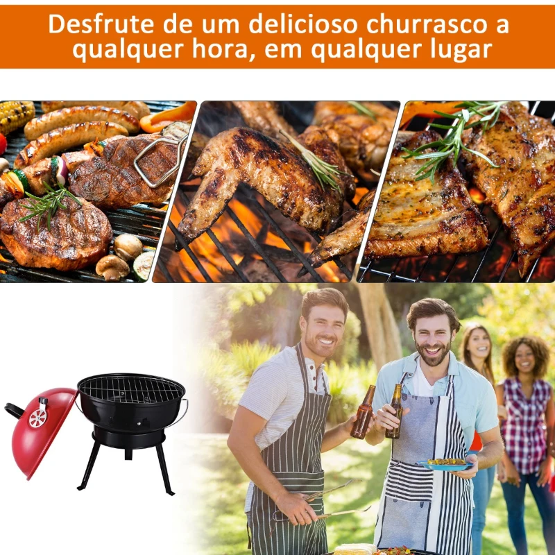 Outsunny Barbecue a Carvão Portátil Barbecue Pequena de Metal Esmaltado com 3 Pés Antiderrapantes Ø36,5x54cm Preto e Vermelho