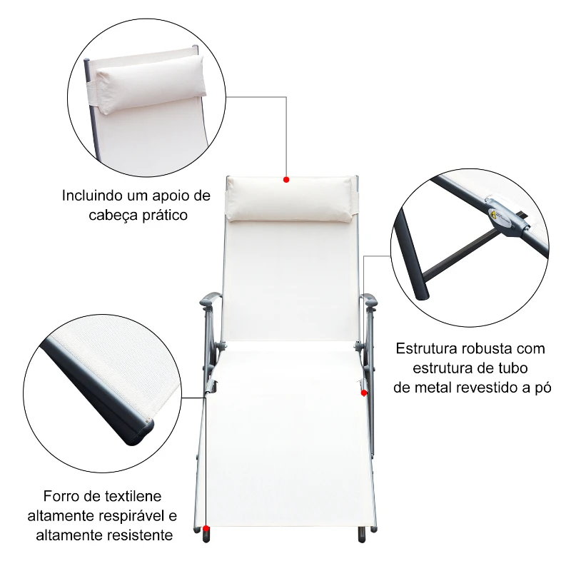 Outsunny Espreguiçadeira Dobrável de Jardim com Encosto Ajustável em 7 Posições Apoio para a Cabeça 137x63,5x100,5cm Creme