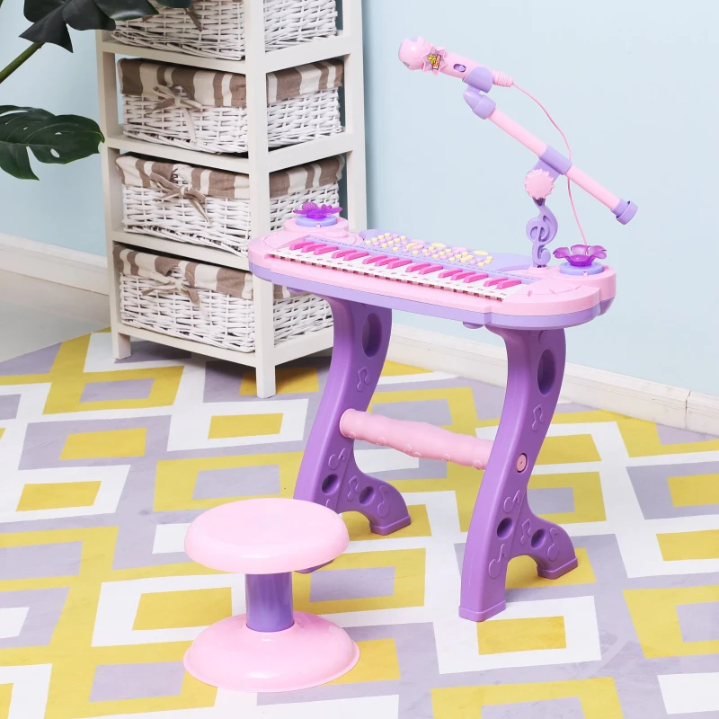 HOMCOM Piano Infantil 37 Teclas Teclado Eletrônico Brinquedo Educacional para Crianças + 3 Anos com Microfone Banco de Luzes e 22 Canções USB/MP3 Karaokê Rosa