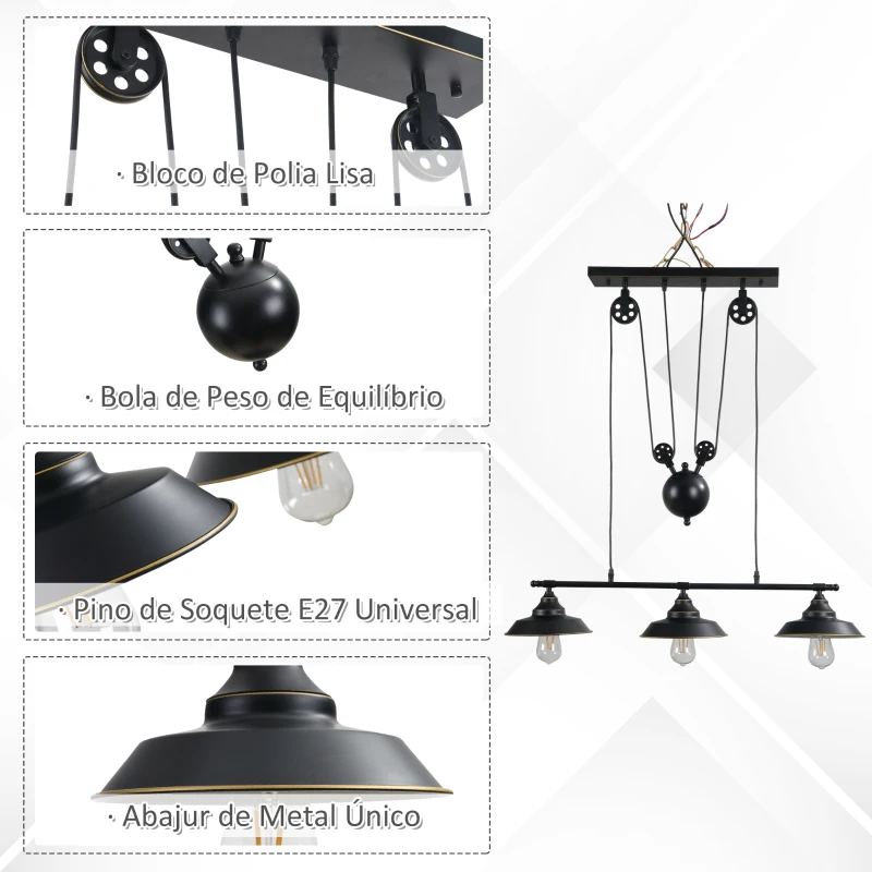 HOMCOM Lâmpada de suspensão estilo retro com polias ajustáveis em altura 90x22x89-180 preto