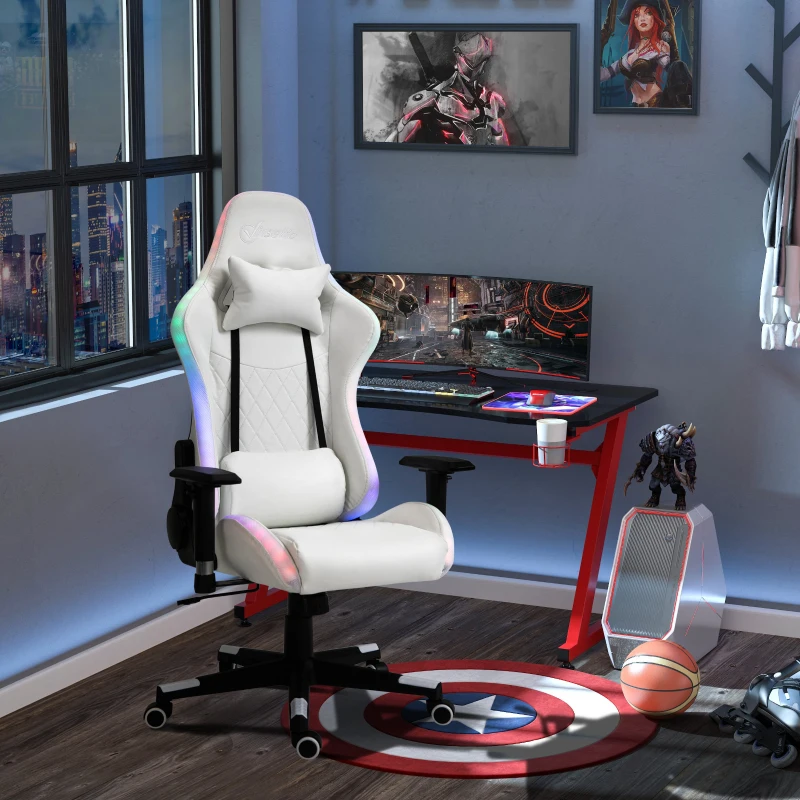 Vinsetto Cadeira de Gaming Ergonômica Profissional Reclinável e Altura Ajustável com Apoio para a Cabeça Almofada Lombar Luz LED e Controle Remoto 68x68x126-136cm Branco e Preto