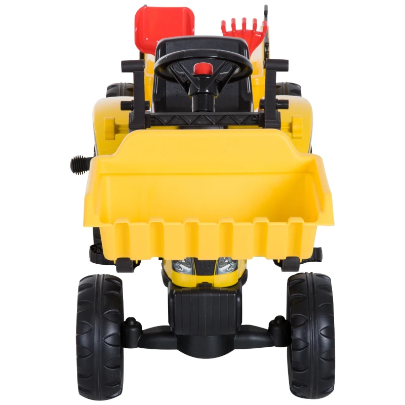 HOMCOM Trator Escavadeira a pedais para crianças acima de 3 anos com pá e atrelado Carga 35 kg 167×41×52cm amarelo e preto