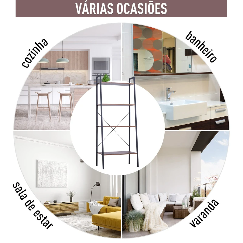 HOMCOM Estante de escada com 4 prateleiras para sala de estar  60x35x145cm preto e madeira