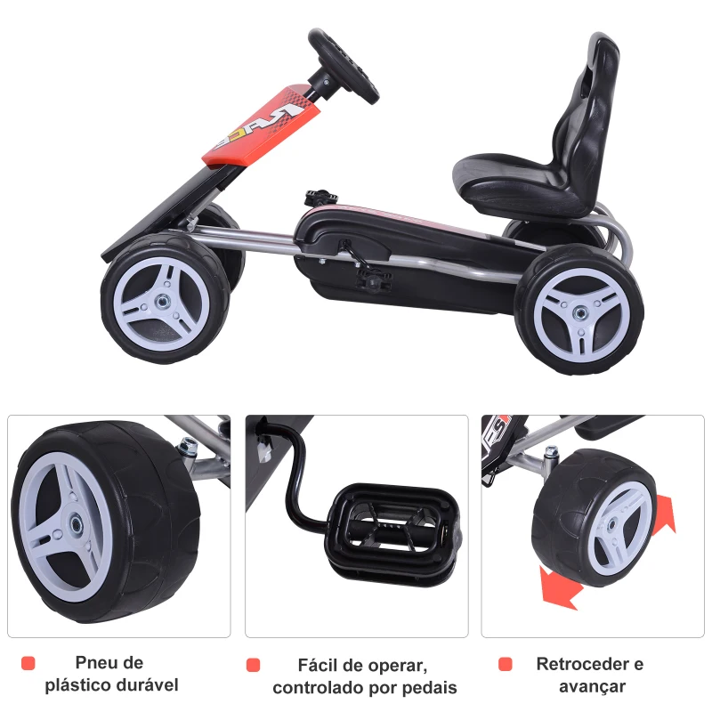 HOMCOM Kart a Pedal Go Kart com Assento Ajustável para Crianças acima de 3 Anos Brinquedo de Exterior 80x49x50 cm Vermelho e Preto