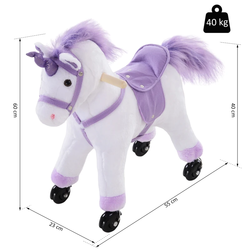 HOMCOM  Cavalo Pônei Mecânico para Montar Balancim com Rodas Brinquedo de Pelúcia Cavalo com Sons 55x23x60cm