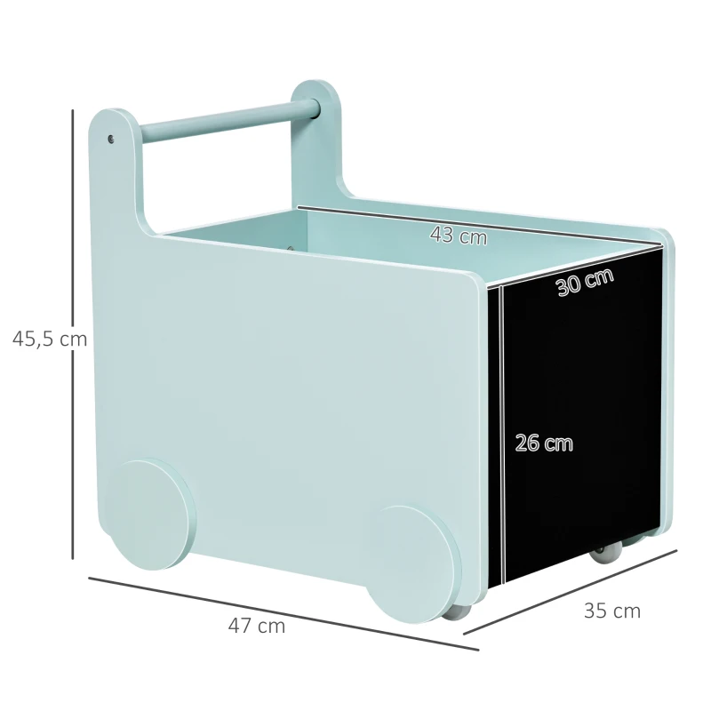 HOMCOM Caixa de Armazenamento de Brinquedos Infantil com Rodas Alça e 2 Lousas Baú de Armazenamento para Habitação de Crianças Escola Infantil Sala de Jogos 47x35x45,5cm Azul