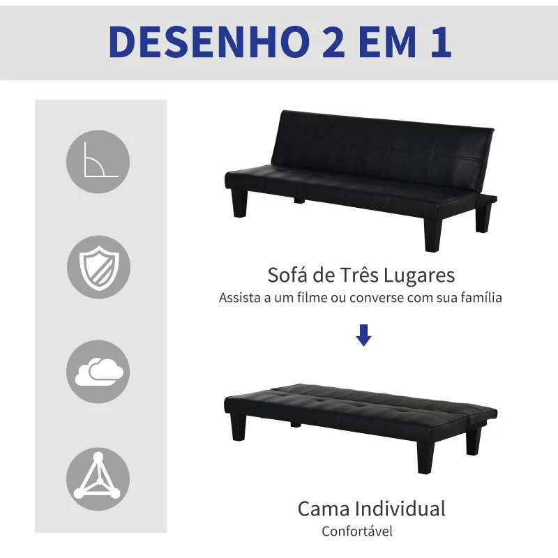 HOMCOM Sofá Cama de 3 Lugares sem Apoio para os Braços com Estrutura Resistente Pés Elevados Assento Acolchoado 165x75,5x70cm Preto