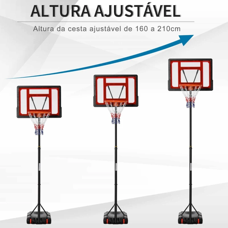 HOMCOM Tabela de Basquetebol Ajustável de 160-210cm Aro de Basquetebol com Suporte de Aço Base Recarregável 2 Rodas para Crianças e Adultos 75x83x261cm Vermelho e Preto