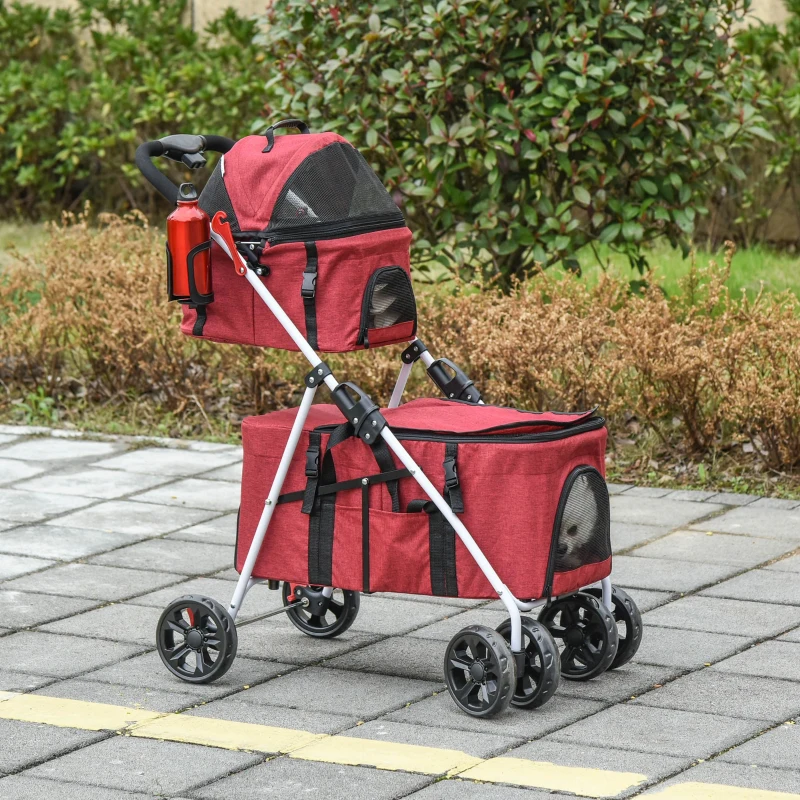 PawHut Carrinho dobrável para animais de estimação destacável com 2 níveis Rodas giratórias Janela freios  82x48x100 cm Vermelho