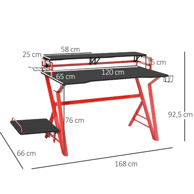 HOMCOM Secretária gaming com suportes para escritorio quarto de estudo Carga 30 kg 168x66x92,5 cm