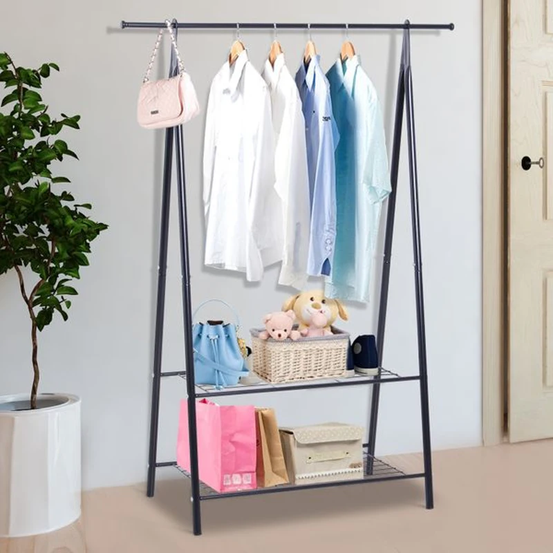 HOMCOM Cabide de Metal Cabide de Roupas Cabide com Barra Superior e 2 Prateleiras de Aço 100x46x148cm