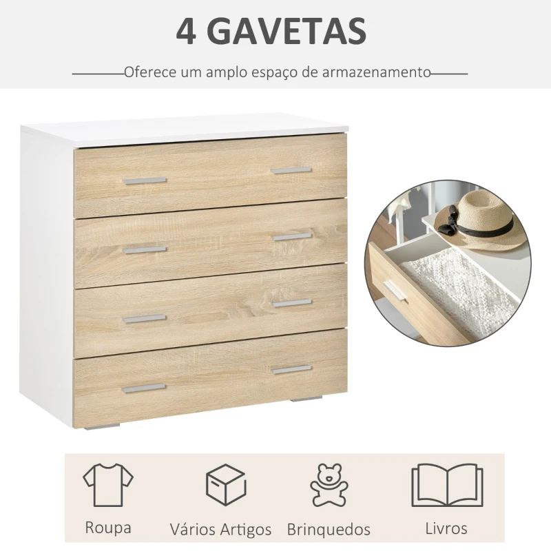 HOMCOM Cómoda com 4 Gavetas Cómoda Auxiliar de Armazenamento Moderna para Dormitório Corredor Sala de Estar 76x35x72cm Carvalho e Branco