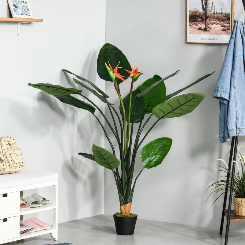 Outsunny Planta Artificial Ave do Paraíso com Vaso Strelitzia Reginae Sintética com 13 Folhas e 2 Flores Ø18x155 cm Verde e Vermelho